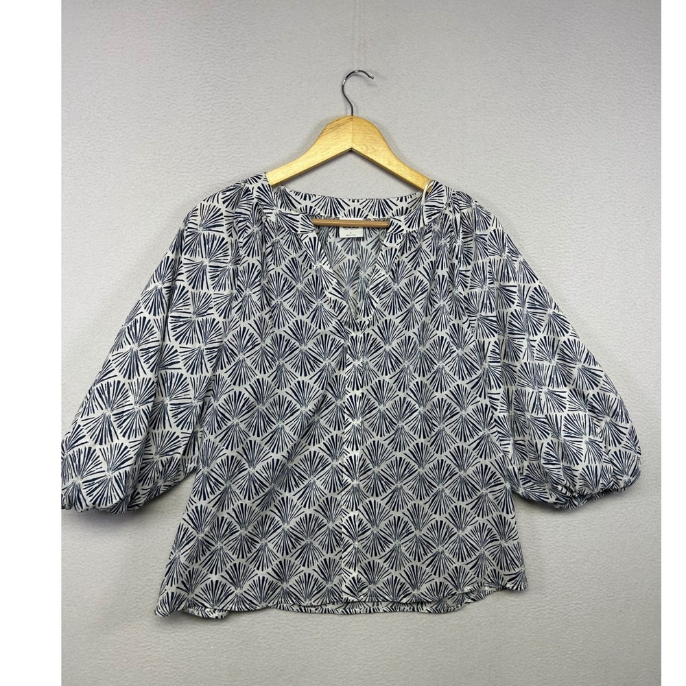 Boho Coastal Sonoma Goods For Life Womens Large White Navy Fan Print Blouse